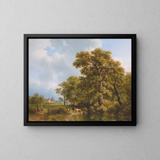 Barend Cornelis Koekkoek - A Summer Landscape With cows Watering A Castle In The Distance.webp
