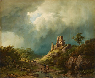 Barend Cornelis Koekkoek - Travellers passing a ruined castle in a stormy landscape.webp