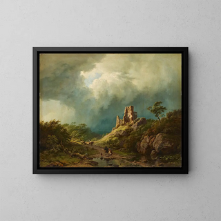 Barend Cornelis Koekkoek - Travellers passing a ruined castle in a stormy landscape.webp