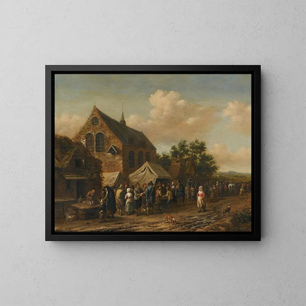 van een dorpsmarkt bij een kerk - Barent Gael — ingelijst kunstwerk aan de muur