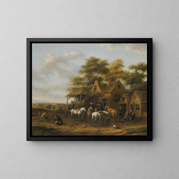 Dorpsgezicht met vele figuren, paarden en kippen - Barent Gael — ingelijst kunstwerk aan de muur