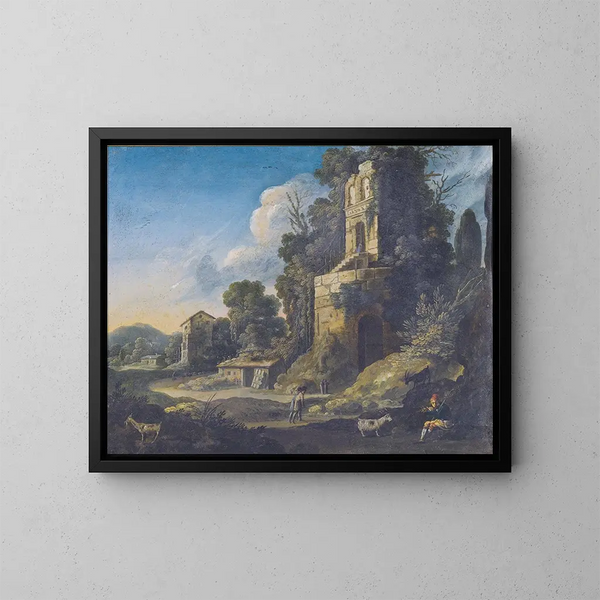 Landschap in cursief met gebouwen en een herder die fluit speelt - Bartholomeus Breenbergh — ingelijst kunstwerk aan de muur