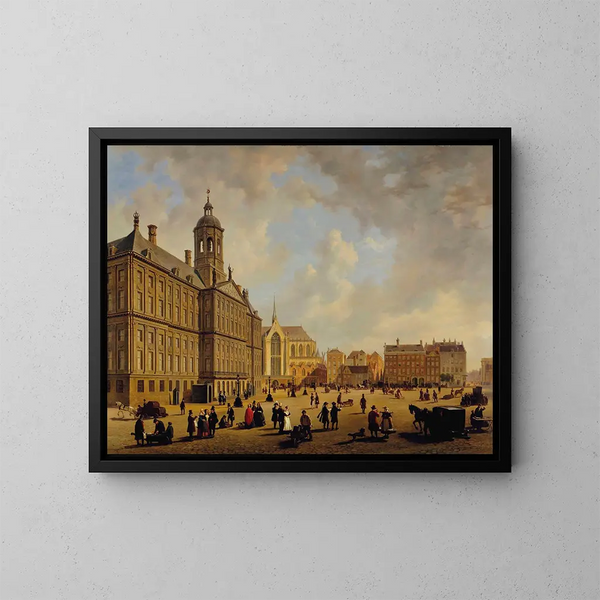 Een drukke dag voor het stadhuis op de Dam met de Nieuwe Kerk op de achtergrond, Amsterdam - Bartholomeus Johannes van Hove — ingelijst kunstwerk aan de muur
