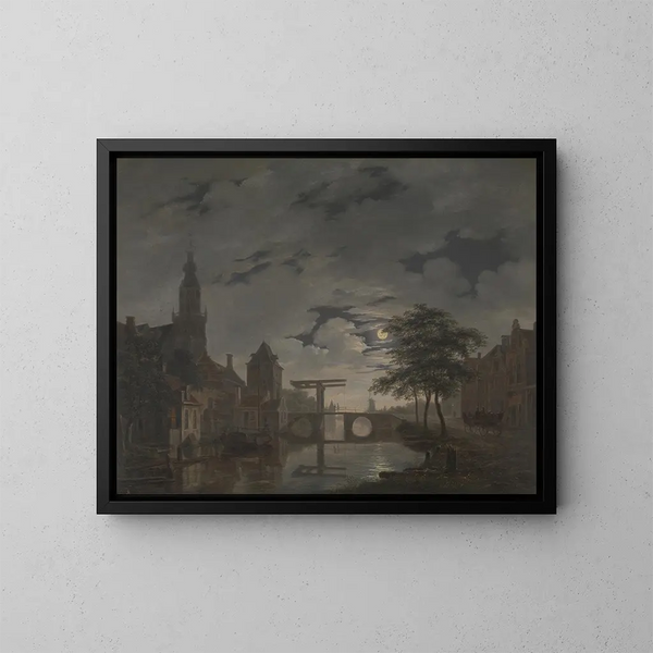 van een Nederlandse stad bij maanlicht - Bartholomeus Johannes van Hove — ingelijst kunstwerk aan de muur