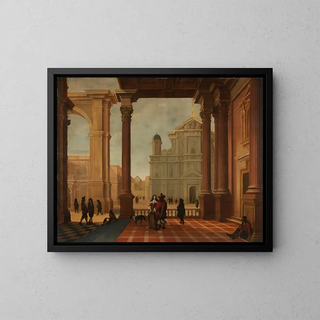 Bartholomeus van Bassen - An architectural capriccio with elegant figures and a church beyond.webp