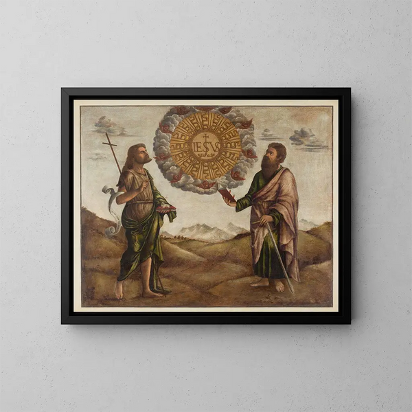 Aanbidding van de naam van Jezus tussen Sint-Jan de Doper en Sint-Paulus - Benedetto Carpaccio — ingelijst kunstwerk aan de muur