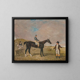 Benjamin Marshall - Bravura an irongrey filly with James Robinson up with her owner Sir Robert Keith Dick Bt her trainer mounted on a grey pony to the left on Newmarket Heath.webp