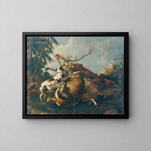 Jacht op de hert - Benno Rafael Adam — ingelijst kunstwerk aan de muur
