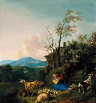 Bergers et leur troupeau dans un vaste paysage - Jan Baptist Wolfaerts