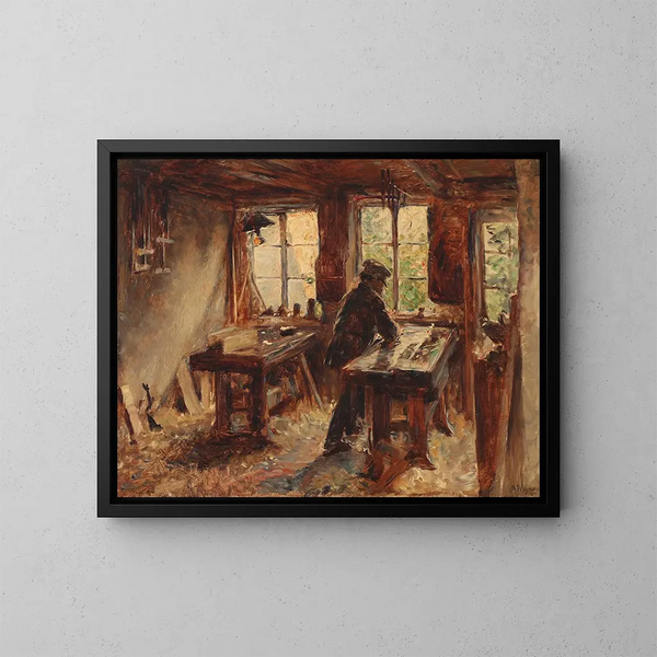 In het atelier van de timmerman - Bertha Wegmann — ingelijst kunstwerk aan de muur