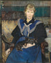 van een vrouw in een blauwe jurk met een kleine hond op haar schoot - Bertha Wegmann — weergave van het kunstwerk