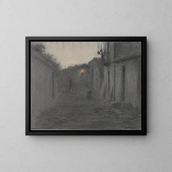 Ruelle met een lantaarngelicht bij schemering - Bramine Hubrecht — ingelijst kunstwerk aan de muur