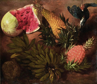 Brazilian School - Still Life With Bananas Passion Fruit Pineapple Brazilian Pineapple Jenipapo Fruit And A PointTailed Palmcreeper.webp