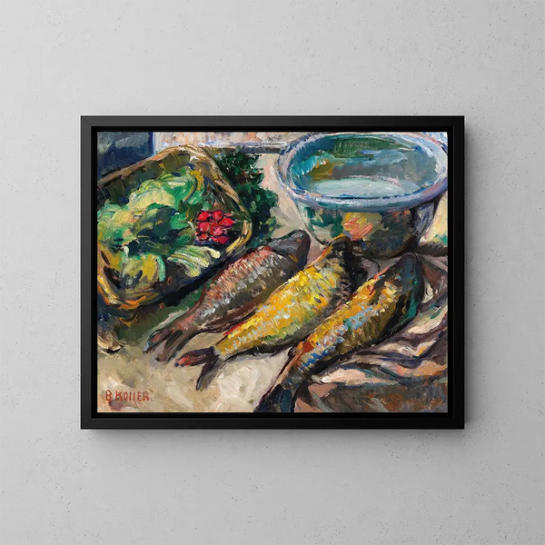 Natuurstudie met drie vissen - Broncia Koller-Pinell — ingelijst kunstwerk aan de muur