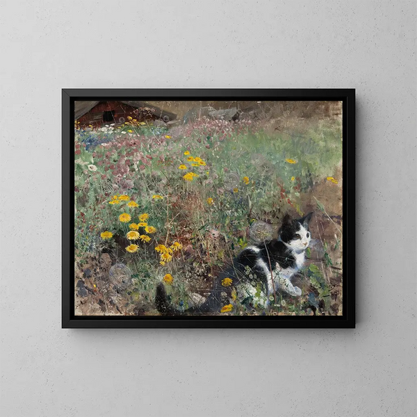 van een kat in een bloemenweide - Bruno Liljefors — ingelijst kunstwerk aan de muur