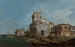 Caprice vénitien met een ovale kerk vlakbij de lagune - Canaletto — weergave van het kunstwerk