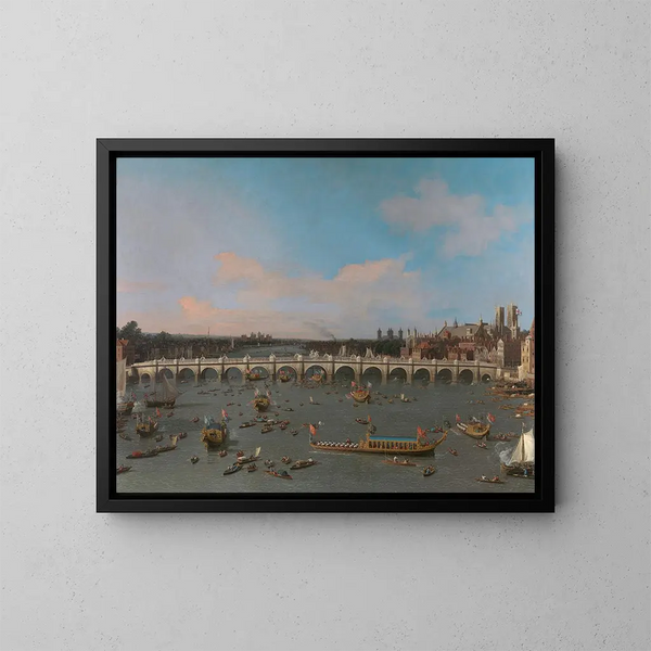 Pont de Westminster met de processie van de burgemeesters op de Thames - Canaletto — ingelijst kunstwerk aan de muur