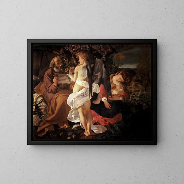 Rusten tijdens de vlucht naar Egypte - Caravaggio — ingelijst kunstwerk aan de muur