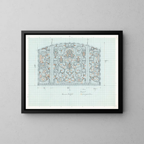 Ontwerp voor decoratief glazen paneel met bloemmotief - Carel Adolph Lion Cachet — ingelijst kunstwerk aan de muur