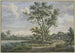 Groep bomen aan de waterkant, een ruiter op een wit paard spreekt met een boer die zit - Carel Lodewijk Hansen — weergave van het kunstwerk