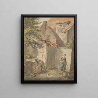 Carel Lodewijk Hansen - Binnenplaats met een dienstmeid die schoonmaakt.webp