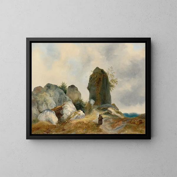 Eremiet in een rotsachtig landschap - Carl Blechen — ingelijst kunstwerk aan de muur