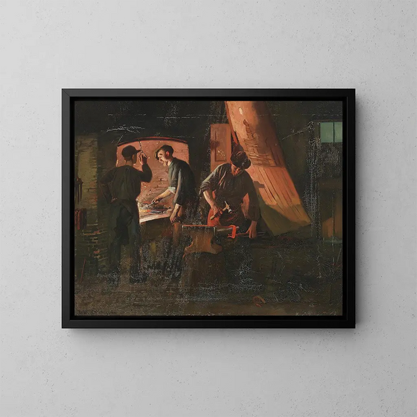 In een smederij - Carl Carlsen — ingelijst kunstwerk aan de muur