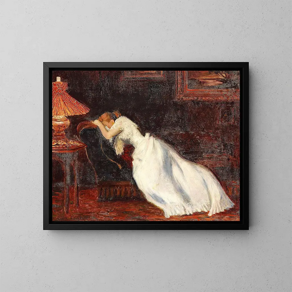 binnenkant met een meisje op een bank - Carl Carlsen — ingelijst kunstwerk aan de muur
