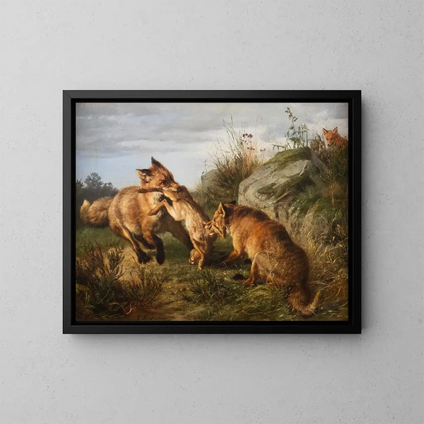 van Twee vossen die vechten om hun prooi - Carl Friedrich Deiker — ingelijst kunstwerk aan de muur