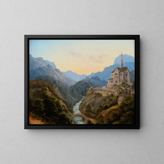 Carl Gustav Carus - Mountainous landscape with a river valley and an abbey at evening light.webp
