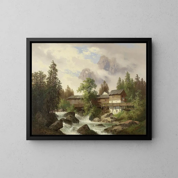 Landschap met houtzagerij - Carl Hasch — ingelijst kunstwerk aan de muur
