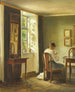 Binnenlands schilderij met een vrouw die naait bij het raam - Carl Holse — weergave van het kunstwerk