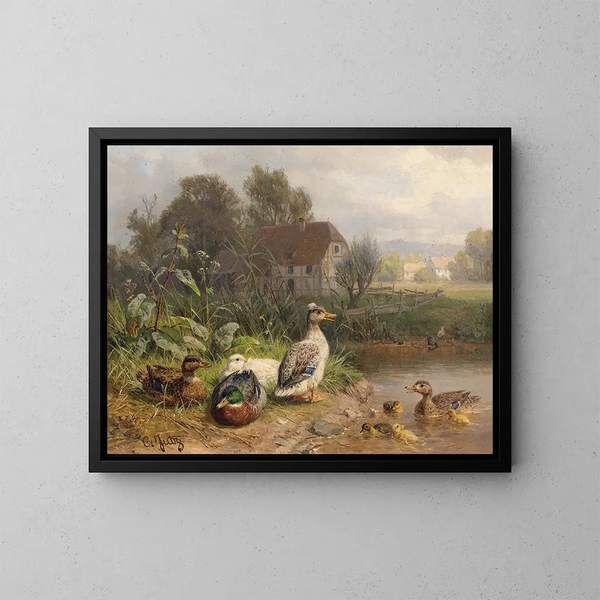 Eenden aan de rand van de vijver - Carl Jutz — ingelijst kunstwerk aan de muur