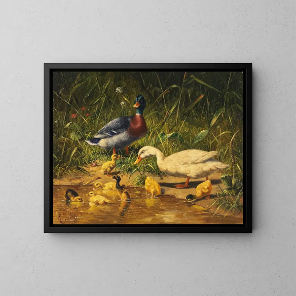 Eenden met eendjes aan de waterkant - Carl Jutz — ingelijst kunstwerk aan de muur