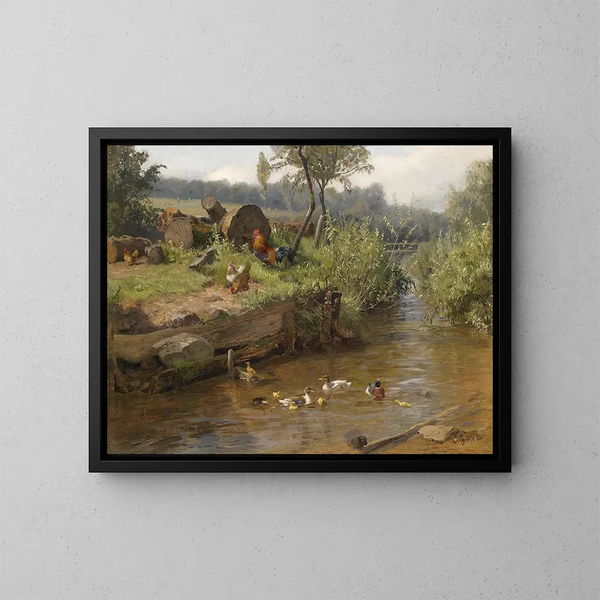 Familie van eenden aan de waterkant - Carl Jutz — ingelijst kunstwerk aan de muur