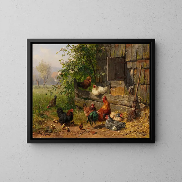 Kippenhof - Carl Jutz — ingelijst kunstwerk aan de muur
