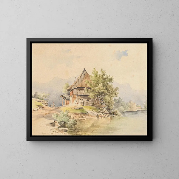 Houten hut aan de rand van het meer - Carl Lafitte — ingelijst kunstwerk aan de muur
