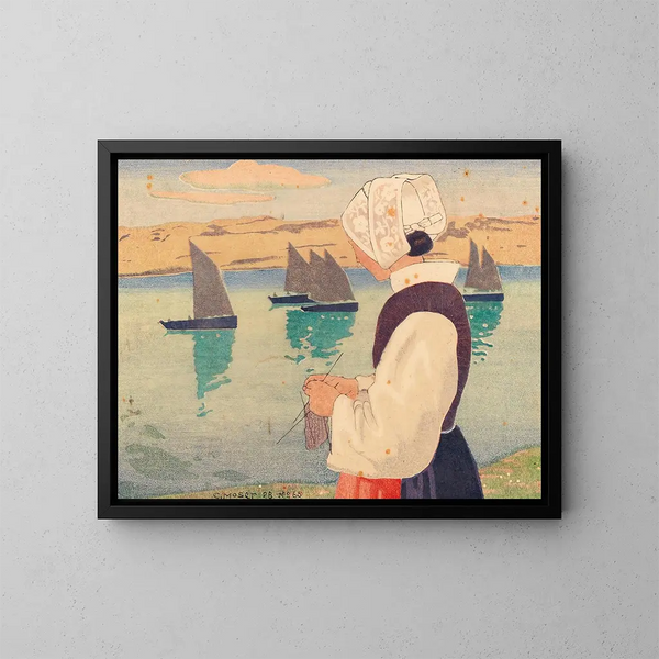 Bretonse schilderij van een vrouw die breit - Carl Moser — ingelijst kunstwerk aan de muur