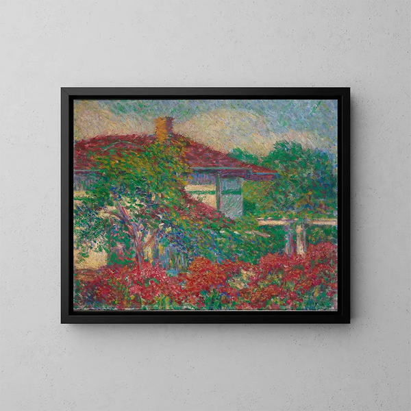 Landschap met gebouw met rood dak - Carl Newman — ingelijst kunstwerk aan de muur