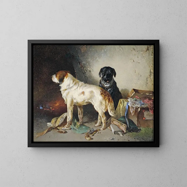 Twee honden met een kledingdoos - Carl Pischinger — ingelijst kunstwerk aan de muur