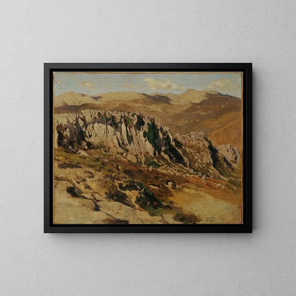 Rotsachtig landschap bij Olevano - Carl Schuch — ingelijst kunstwerk aan de muur