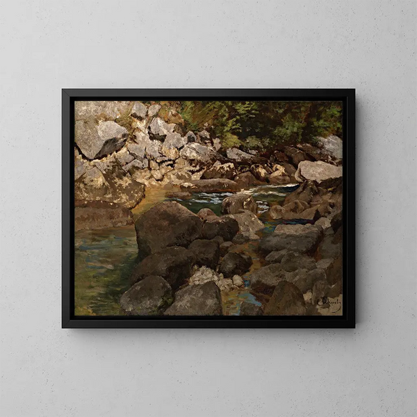Bergstroom met rotsen - Carl Schuch — ingelijst kunstwerk aan de muur