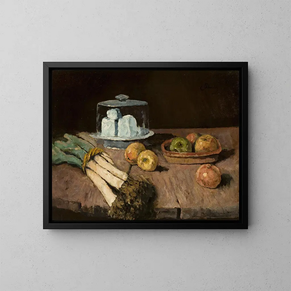 Natuurstudie met prei, appels en kaas - Carl Schuch — ingelijst kunstwerk aan de muur