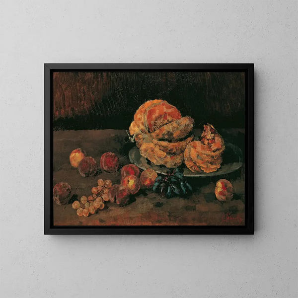Natuurstilleven met pompoen, perzik en druiven - Carl Schuch — ingelijst kunstwerk aan de muur