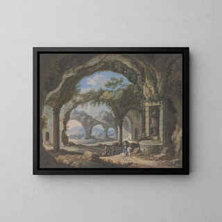 Carl Sebastian von Bemmel - Inneres einer sulengesttzten Grotte darin in einer Nische eine groe Vase.webp