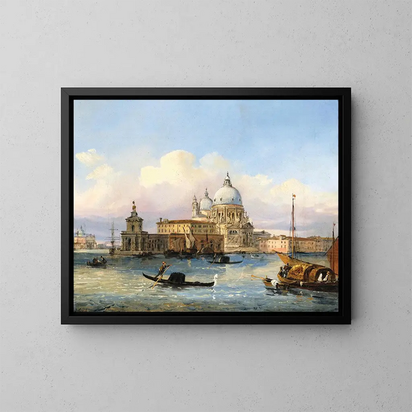 Venetië, de ingang van het Groot Kanaal met Santa Maria della Salute en Punta della Dogana - Carlo Grubacs — ingelijst kunstwerk aan de muur