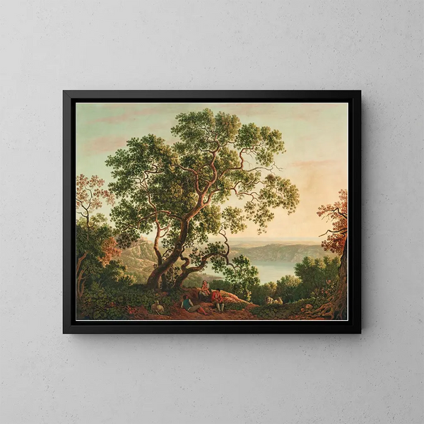 Het Nemi-meer bij schemering met figuren en een kudde geiten die rusten op de voorgrond - Carlo Labruzzi — ingelijst kunstwerk aan de muur