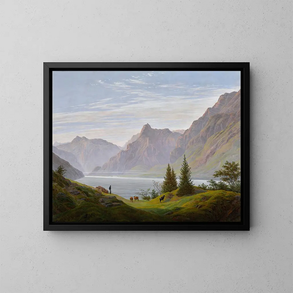 Landschap met bergmeer in de ochtend - Caspar David Friedrich — ingelijst kunstwerk aan de muur