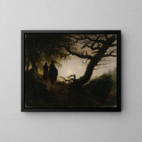 Man and Woman Contemplating the Moon - Caspar David Friedrich — framed artwork on a wall