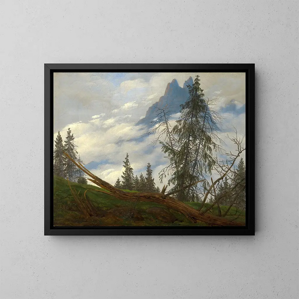 Bergtop met drijvende wolken - Caspar David Friedrich — ingelijst kunstwerk aan de muur